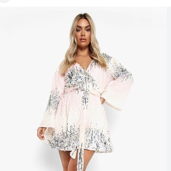 Boohoo PASTEL OMBRE SEQUIN WRAP BLOUSON DRESS SIZE 14 - Picture 1 of 3